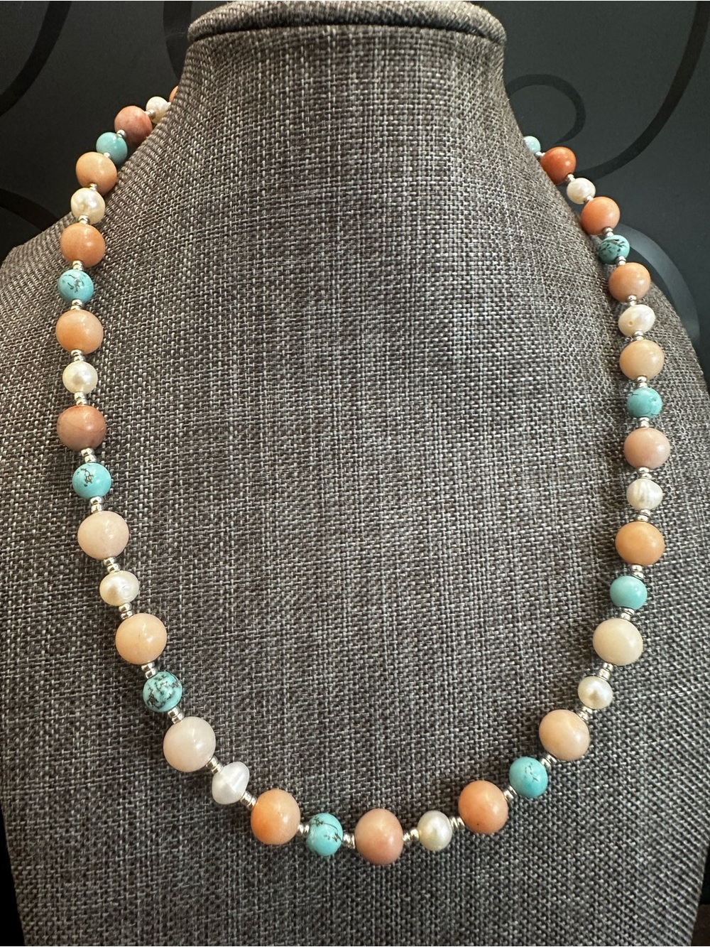Handmade Turquoise Howlite& Peach Aventurine Stones Beaded Necklace